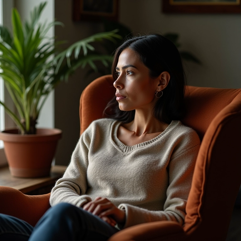 Mulher sentada em uma poltrona confortável, com olhar pensativo, explorando suas emoções.