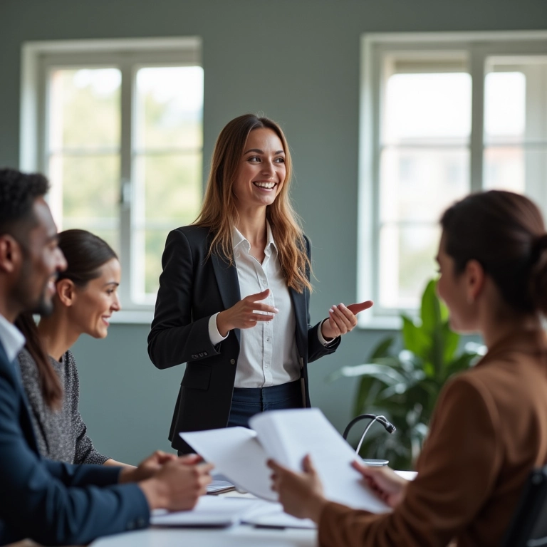 Mulher sorrindo ao receber feedback construtivo em ambiente de trabalho.