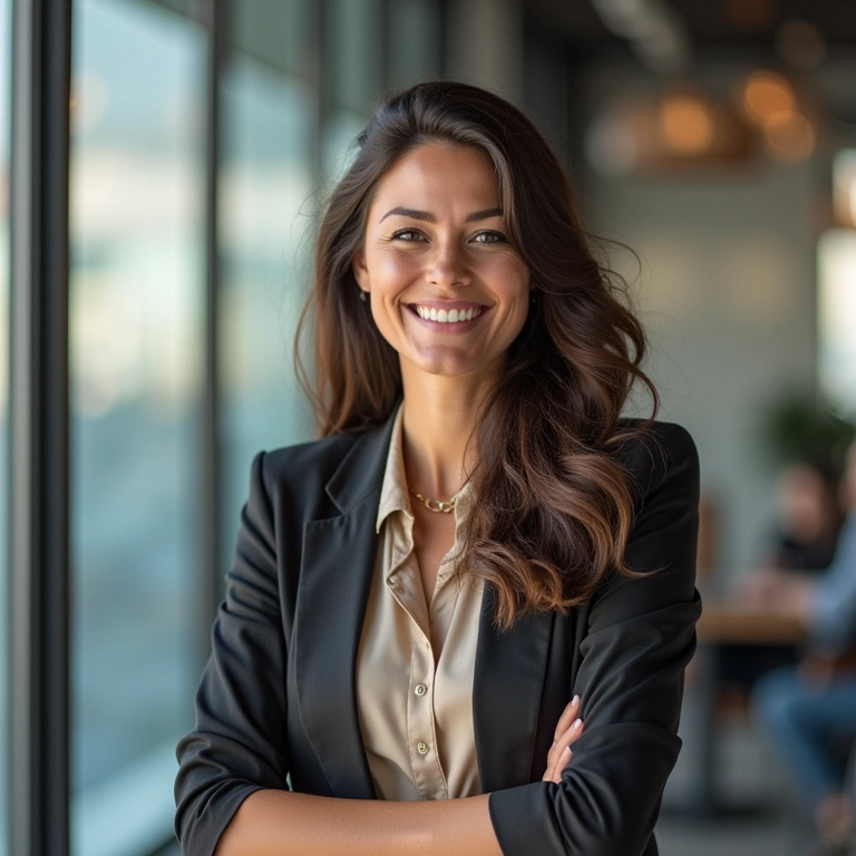 Mulher sorrindo consultando um especialista em SEO, representando a importância de contratar um profissional.