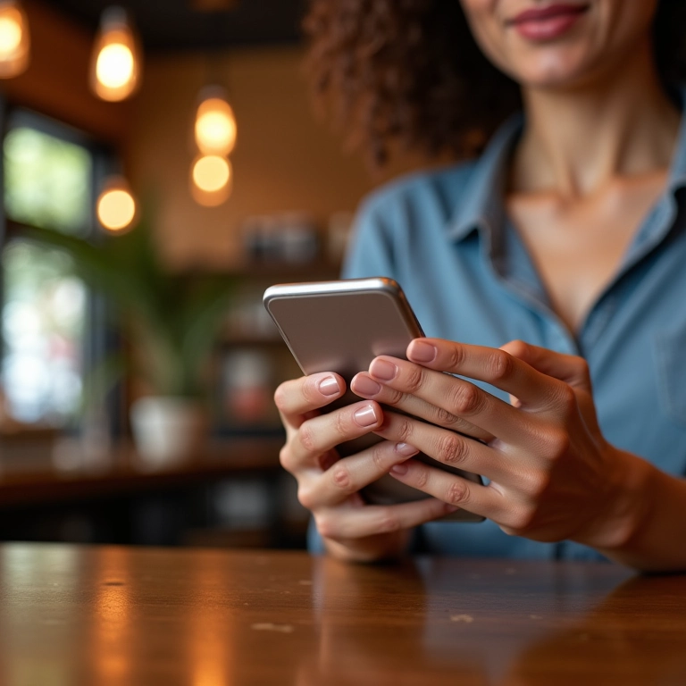 Pagamento Online em SP Opções e Segurança Mulher sorrindo paga conta online com celular em cafeteria charmosa em SP.