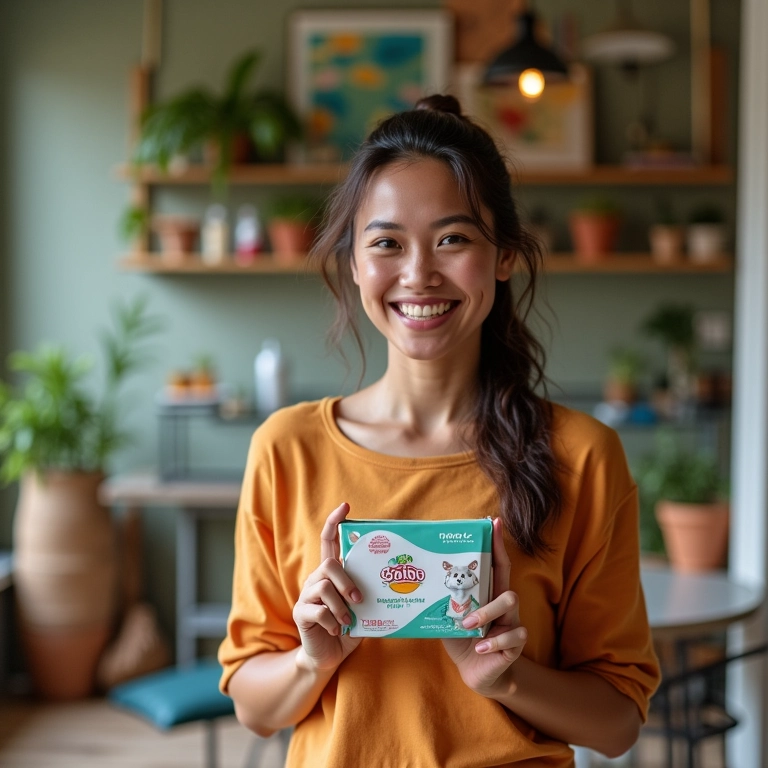 Mulher sorrindo, segurando produto com marca de SP em apartamento.