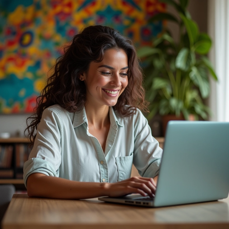 Mulher sorrindo usando a interface intuitiva da Nuvemshop em um laptop.