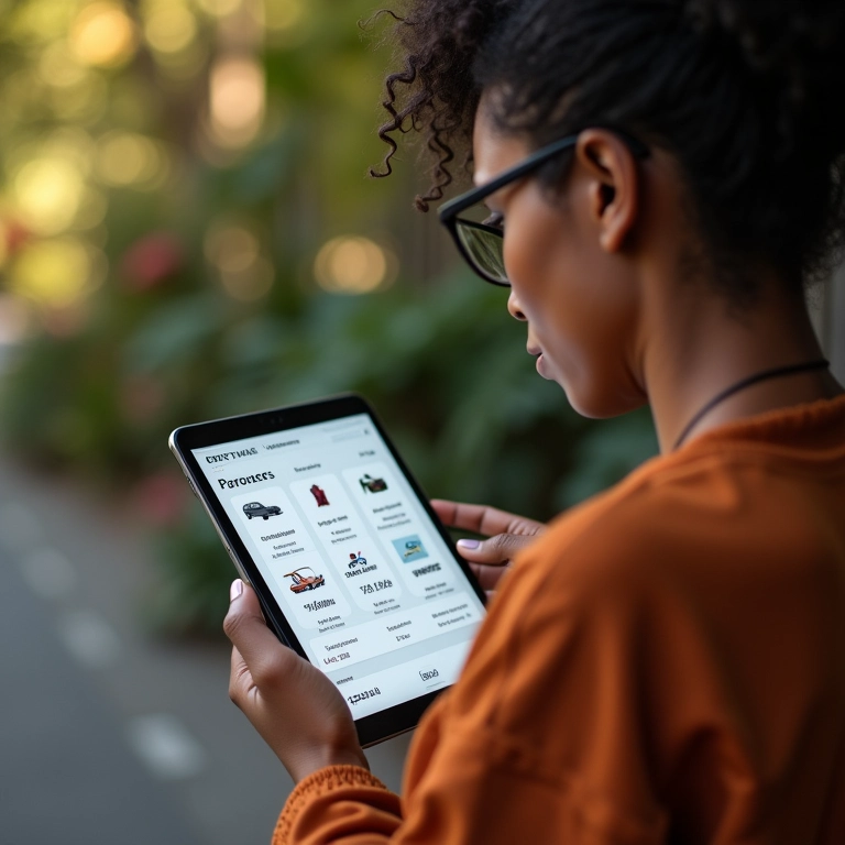 Mulher usando tablet com carrinho de compras personalizado, design brasileiro e experiência otimizada por IA.