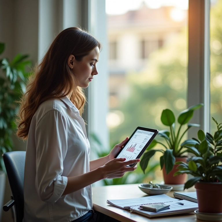 Mulher usando tablet para inserir dados em escritório com plantas, mostrando tendência positiva.