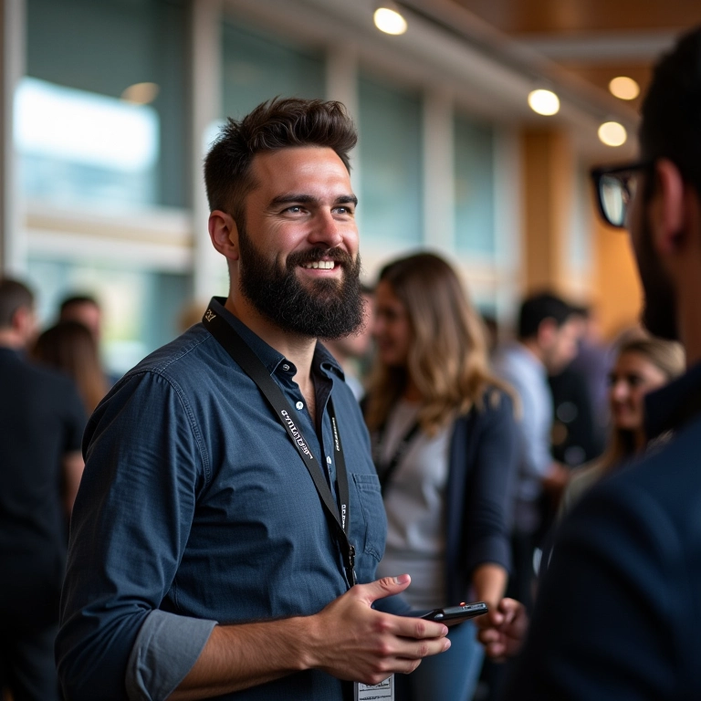 Nômade digital fazendo networking em conferência de marketing em Florianópolis.