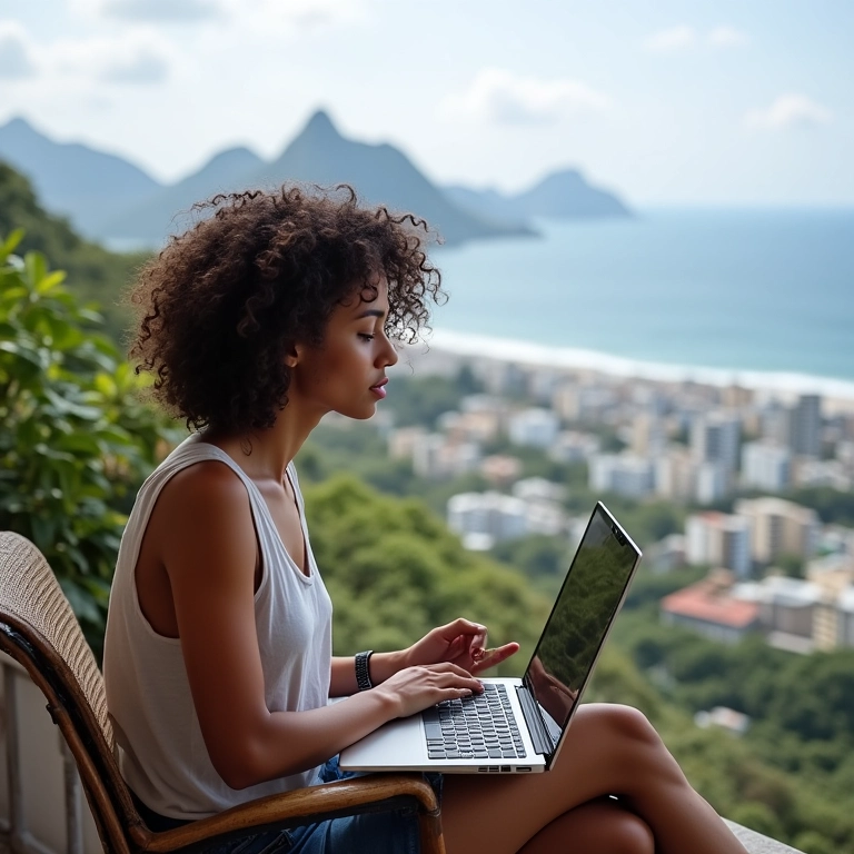 Nômade digital trabalhando em varanda com vista para o Rio de Janeiro.