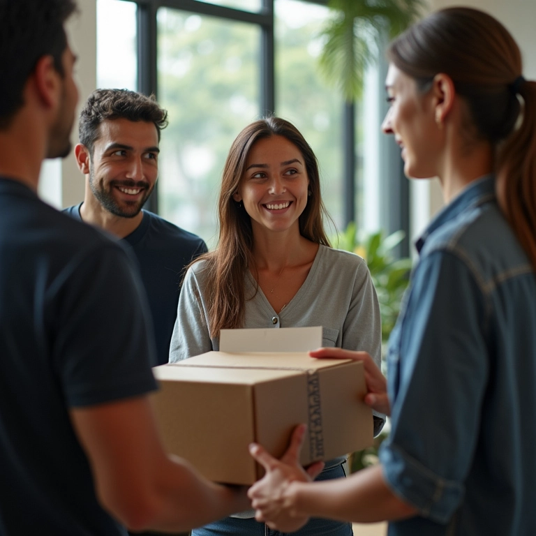 Novo colaborador recebendo kit de boas-vindas em empresa em São Paulo, ambiente amigável e acolhedor.