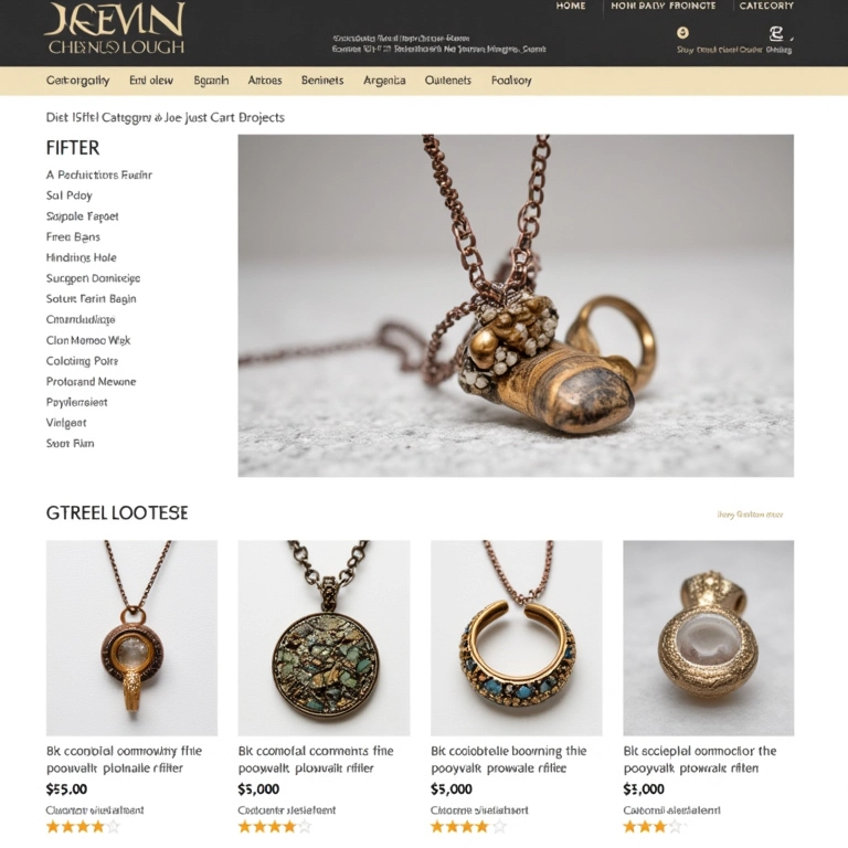 Página de categoria de e-commerce com joias artesanais detalhadas.