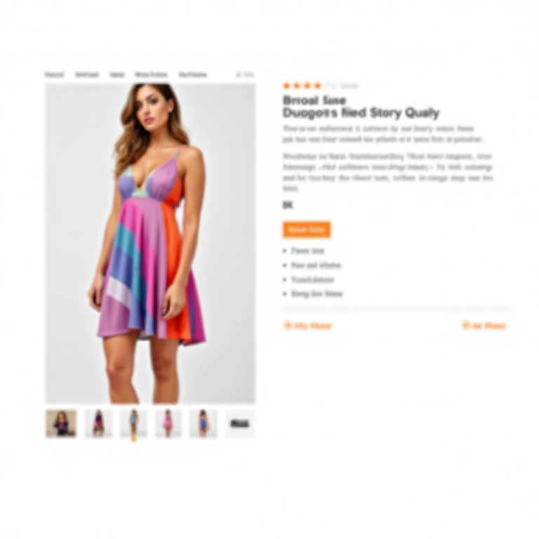 Página de produto otimizada de uma loja virtual com um vestido colorido em destaque.