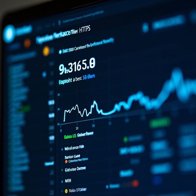 Painel de controle mostrando métricas de desempenho HTTPS, validade SSL e pontuação de segurança.