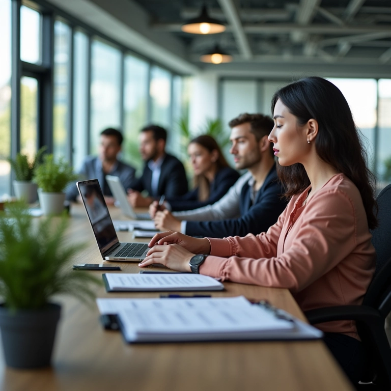 Painel de seleção de startups analisando candidaturas em ambiente de escritório moderno.