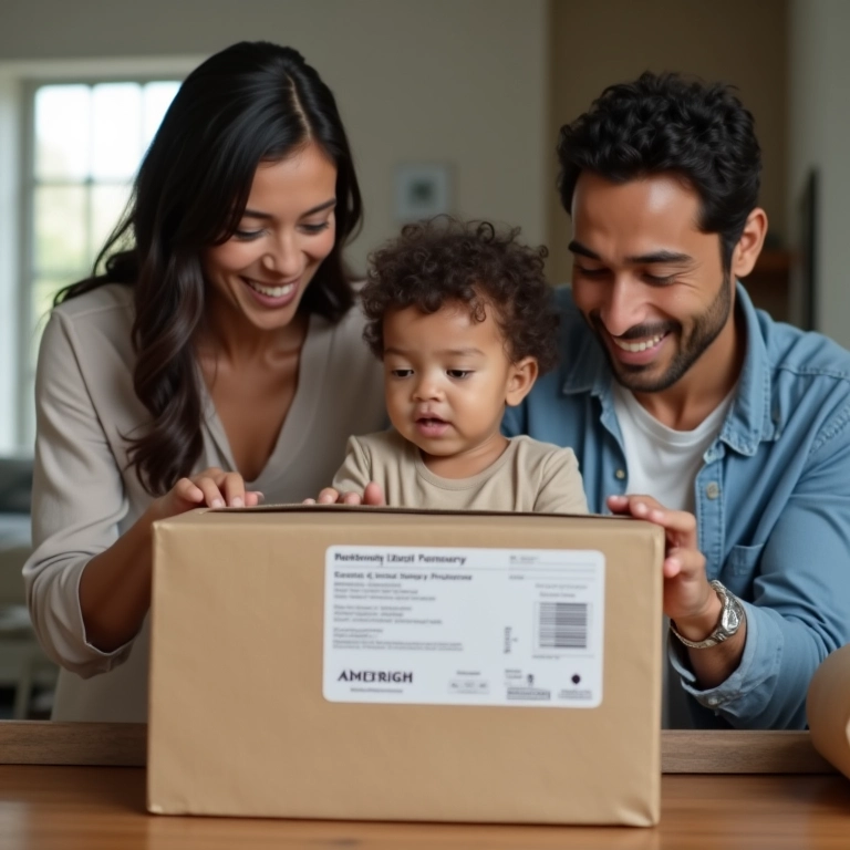 Pais desembalando produtos de bebê com política de troca clara.