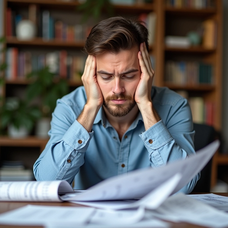 Pequeno empresário estressado cercado por contas e papelada, representando a necessidade de consultoria financeira.