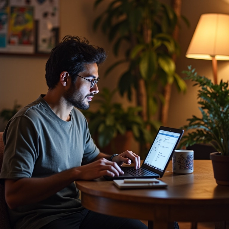 Pessoa acompanhando o processo de patente online em um apartamento aconchegante em SP.