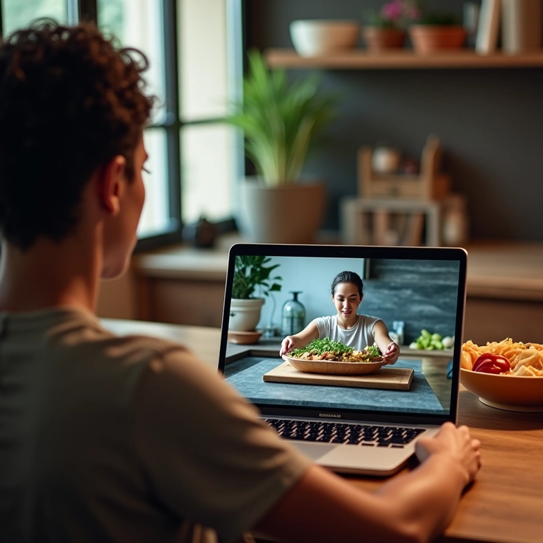 Pessoa assistindo tutorial de uso de produto de cozinha em laptop, em cozinha moderna com design brasileiro.