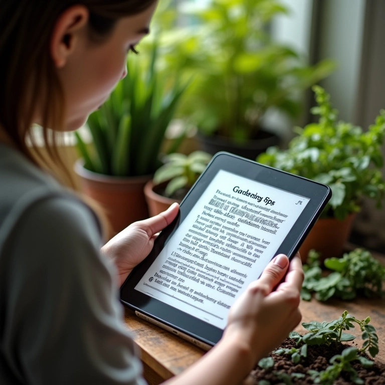 Pessoa consultando guia de jardinagem em tablet, com ferramentas e plantas ao redor.