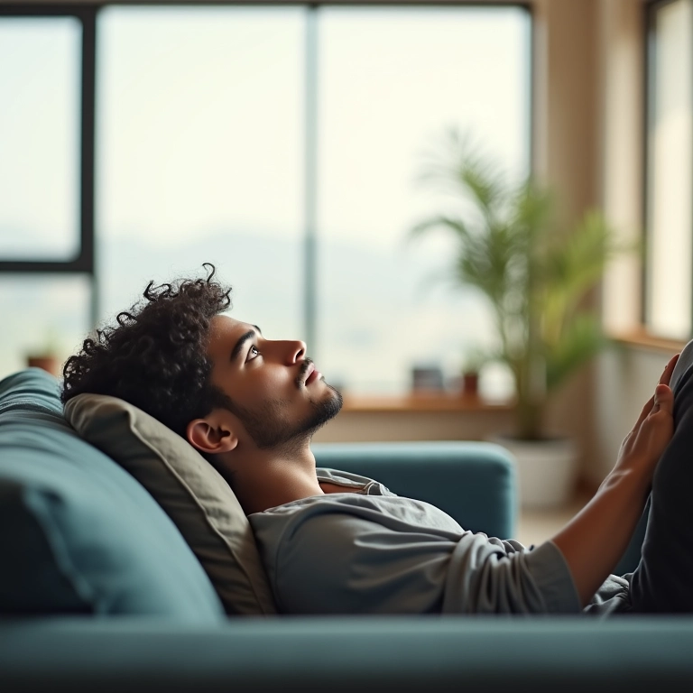 Pessoa deitada no sofá olhando para o teto, estimulando a criatividade.