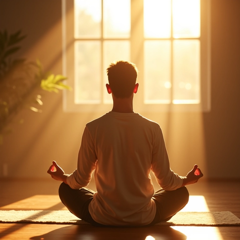 Pessoa meditando em ambiente iluminado, visualizando resultados de seus objetivos de negócio.