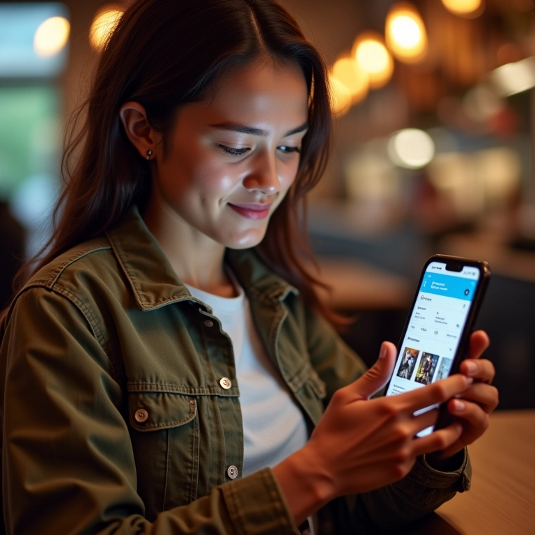 Pessoa navegando em feed de rede social com logo da marca em destaque.