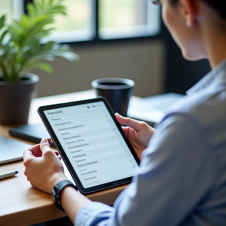Pessoa olhando para um checklist em um tablet, com café e ambiente de escritório.