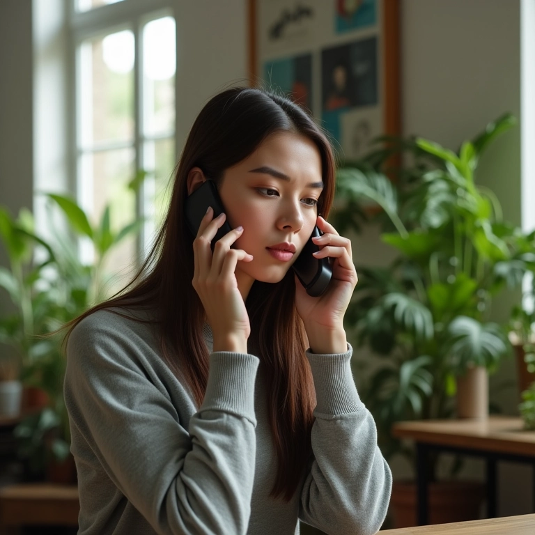 Pessoa usando a técnica do disco quebrado ao telefone.