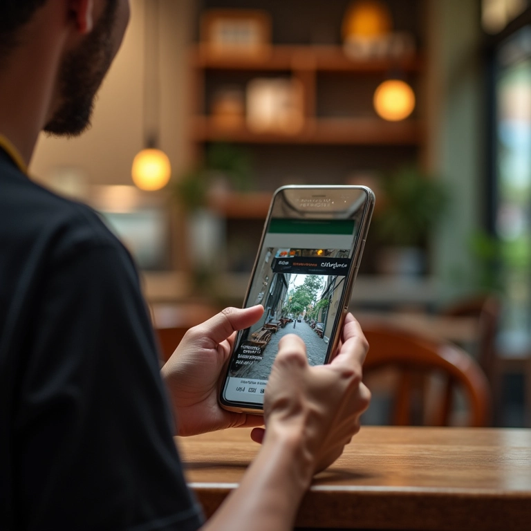 Pessoa usando smartphone em café charmoso em SP, pesquisando produtos.
