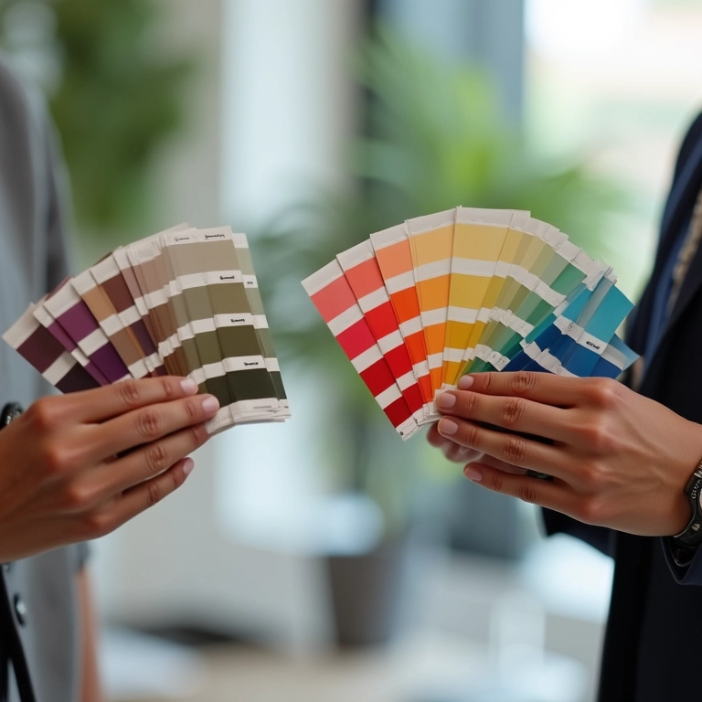 Pessoas diversas discutindo a psicologia das cores em um escritório moderno.