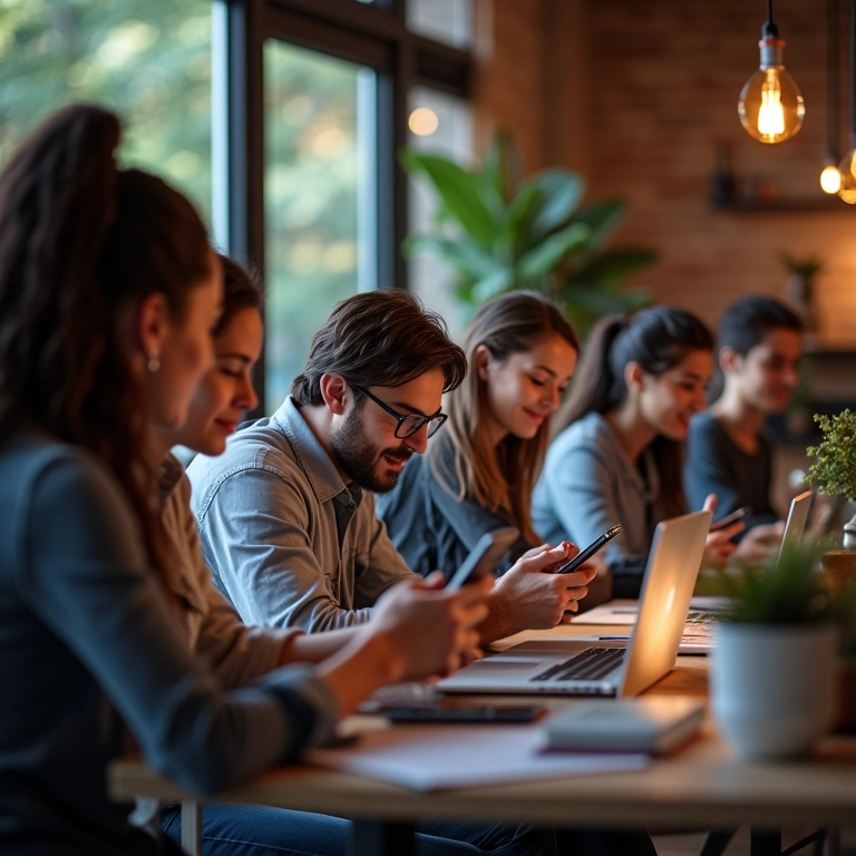 Conteúdo Topo de Funil Para E-commerce: Atraia Visitantes Pessoas diversas interagindo com tecnologia e ícones de marketing, representando crescimento de e-commerce.