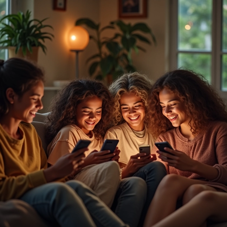 Pessoas diversas rindo de 'LOLcats' em smartphones numa sala de estar brasileira.