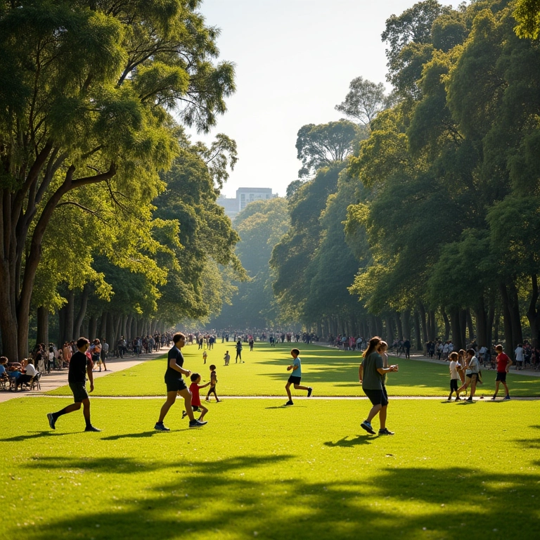 Pessoas relaxando e se exercitando no Parque Ibirapuera em uma tarde ensolarada.