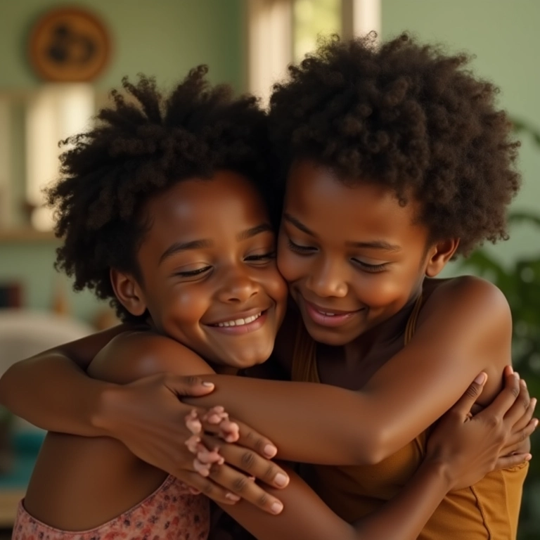 Pessoas se abraçando, oferecendo apoio, cores quentes, afeto.