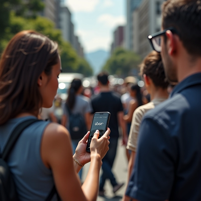 Pessoas usando o aplicativo Uber em uma rua movimentada.