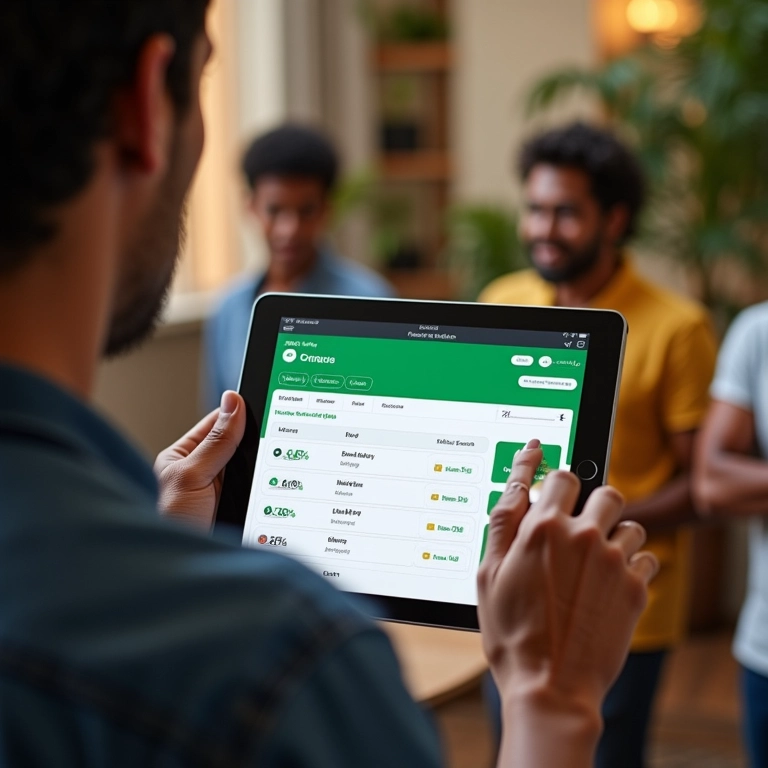 Plataforma Creditas em um tablet, com opções de crédito justo e acessível.