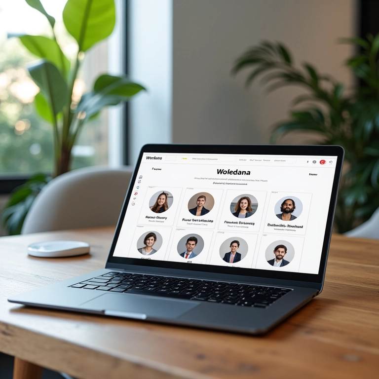 Plataforma Workana exibida em um laptop, mostrando diversos perfis de freelancers.