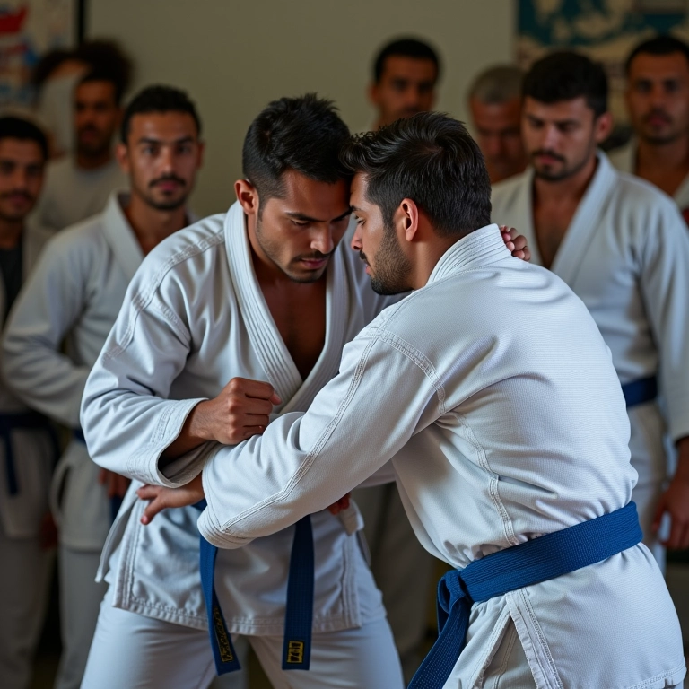 Praticantes de Jiu-Jitsu treinando em academia em SP, foco na técnica e respeito, grupo diverso.