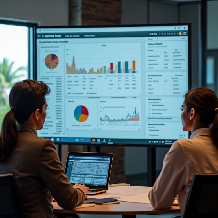 Profissionais analisando leads qualificados gerados por quizzes interativos em dashboard.