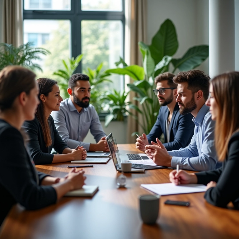 Profissionais brasileiros diversos discutindo os critérios para escolher o melhor curso de finanças corporativas online.