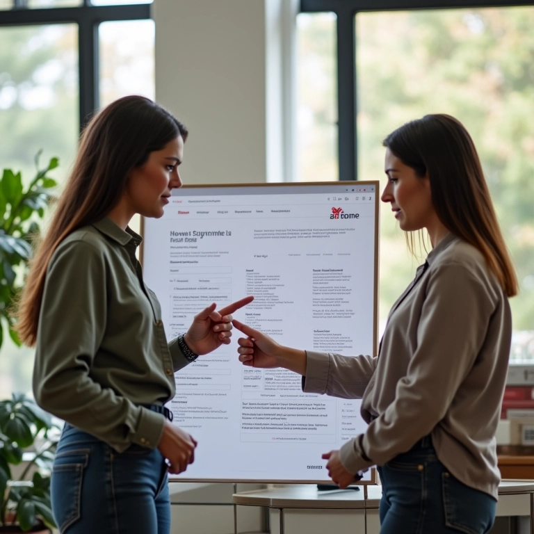 Profissionais colaborando em wireframe de site, discutindo SEO e UX Writing.