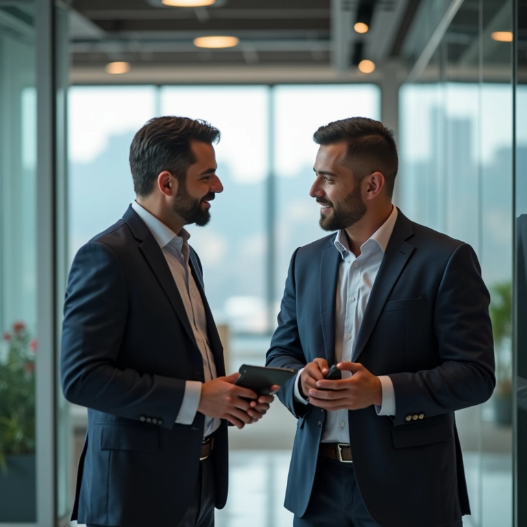 Profissionais discutindo SEO multilíngue, vantagem competitiva, escritório moderno em SP.