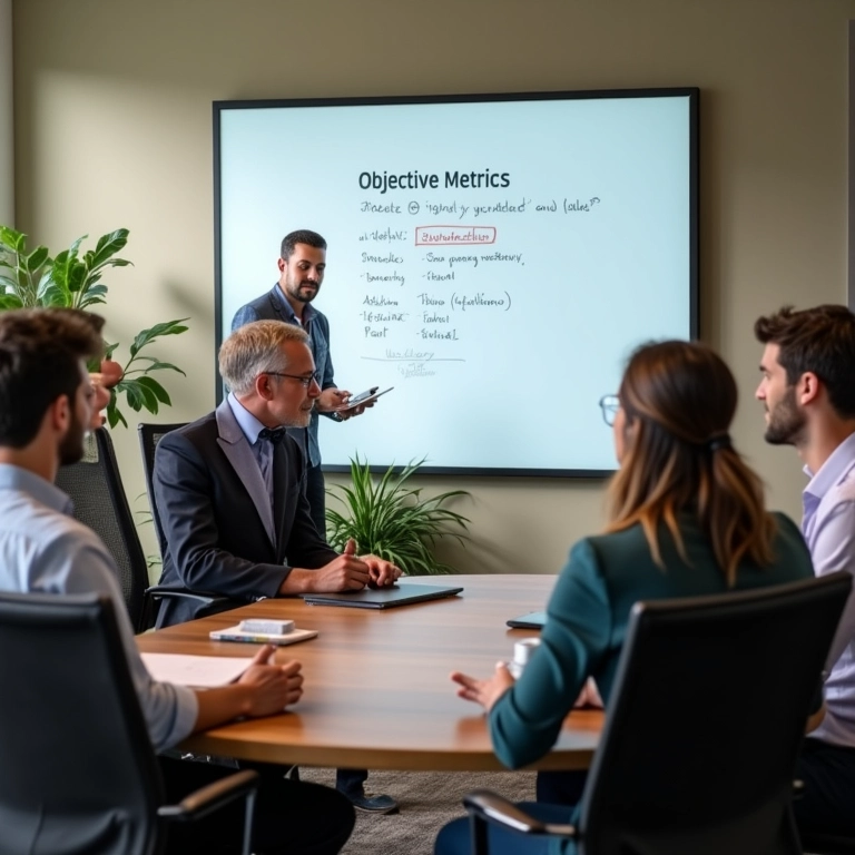Profissionais diversos definindo critérios de avaliação objetivos em um escritório vibrante.