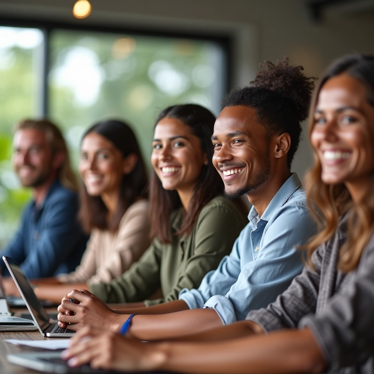 Profissionais diversos reunidos em ambiente de trabalho colaborativo e inclusivo.