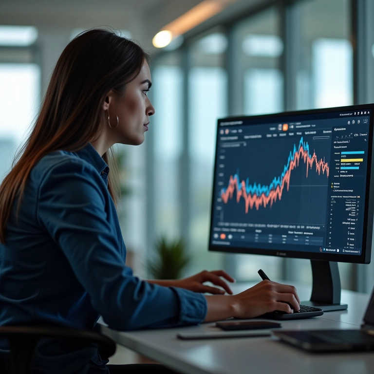 Profissional analisando métricas de engajamento de vídeo.