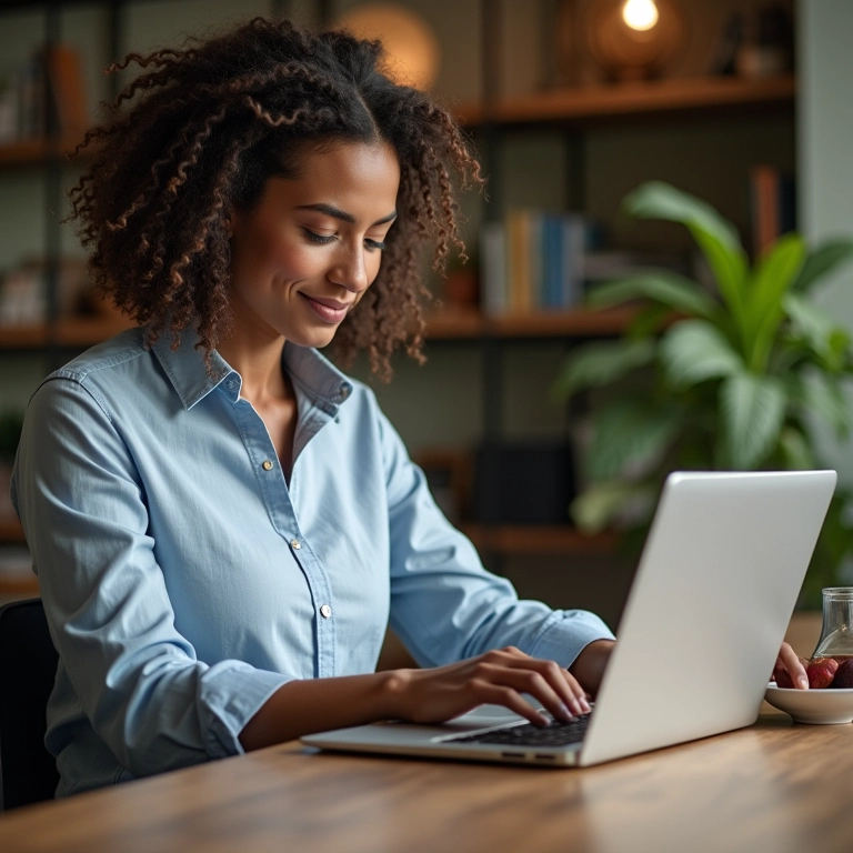 Profissional de marketing personalizando campanhas de e-mail com dados RFM em escritório vibrante.