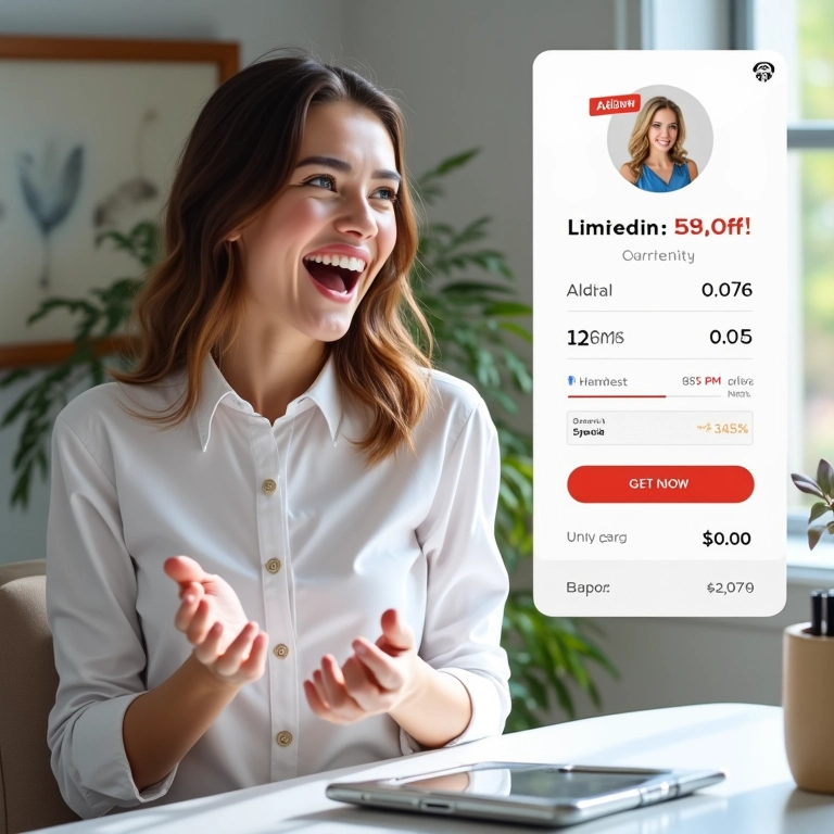Promoção online com desconto por tempo limitado incentivando a compra.