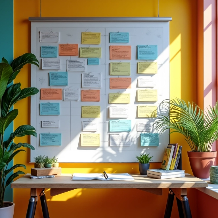 Quadro Kanban com visualização de fluxo de trabalho em escritório doméstico com decoração brasileira.