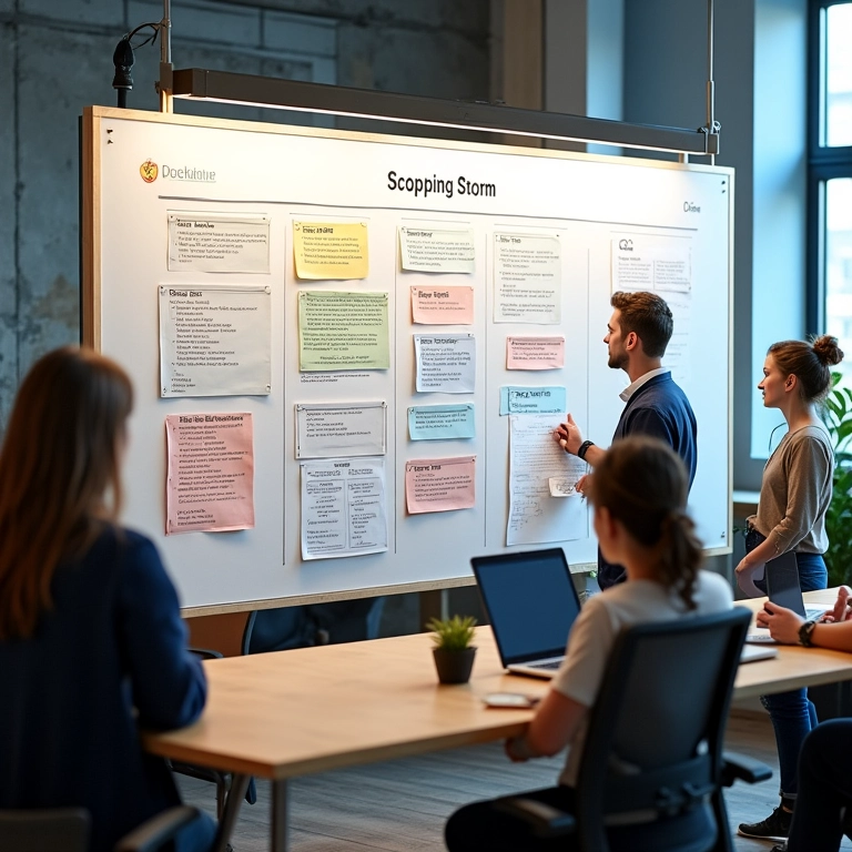 Quadro Scrum detalhado em escritório de São Paulo, mostrando planejamento de sprint e user stories.