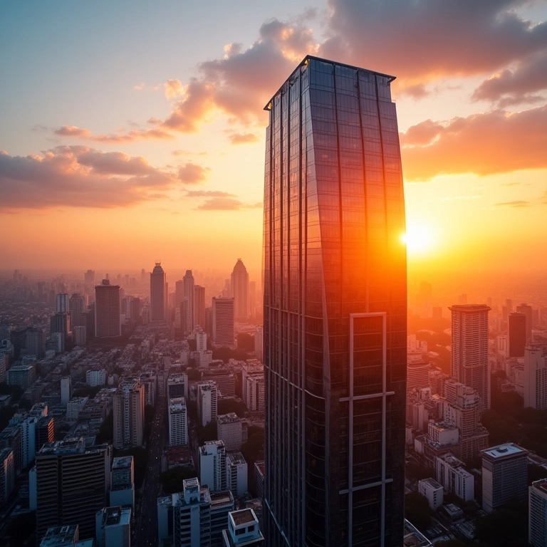 Rebranding em SP Renove Sua Marca com Sucesso Rebranding em São Paulo: Fachada de prédio moderno refletindo o nascer do sol.