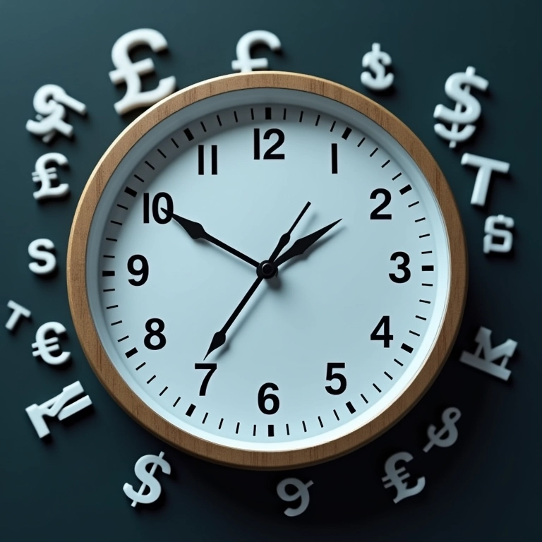 Relógio cercado por símbolos de moedas globais.
