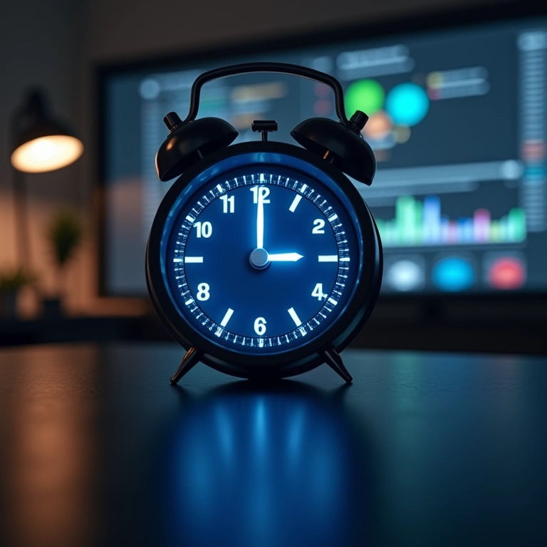 Relógio digital mostrando o tempo passando, com painel de análise de dados ao fundo, representando o tempo para ver resultados do SEO Semântico.