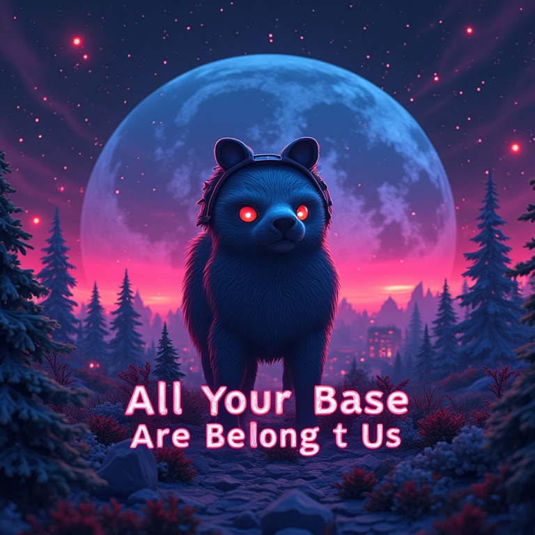 Representação artística do meme 'All Your Base Are Belong to Us' com estética de videogame retrô.